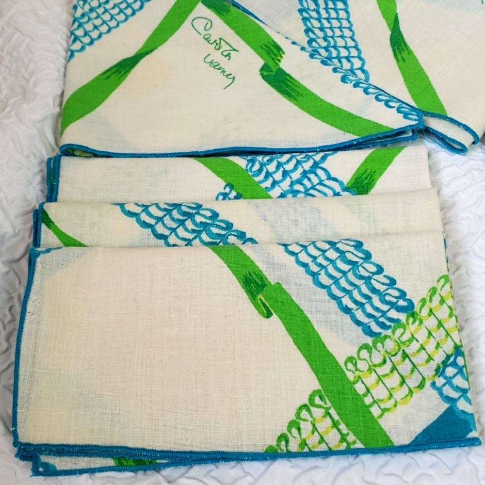 Carleton Varney Designer Vintage Napkins "Set Of 12" White Turquoise Green Sq… - Picture 9 of 16